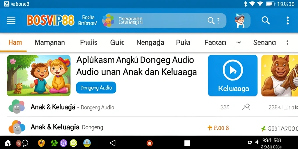 Antarmuka menarik aplikasi BOSVIP88 menampilkan berbagai pilihan dongeng audio.